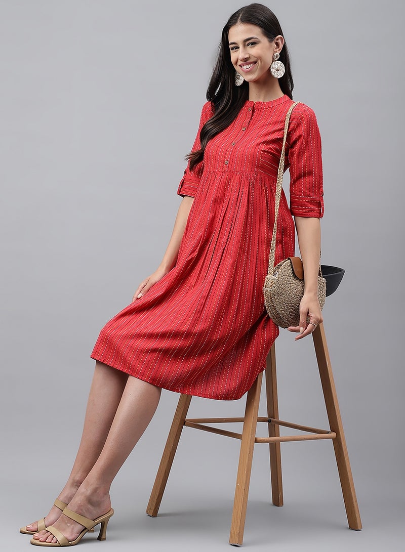 IndHeritage Premium Dress - Latest collection - Pure cotton Red colour knee length dress - Indo Western - Image 2