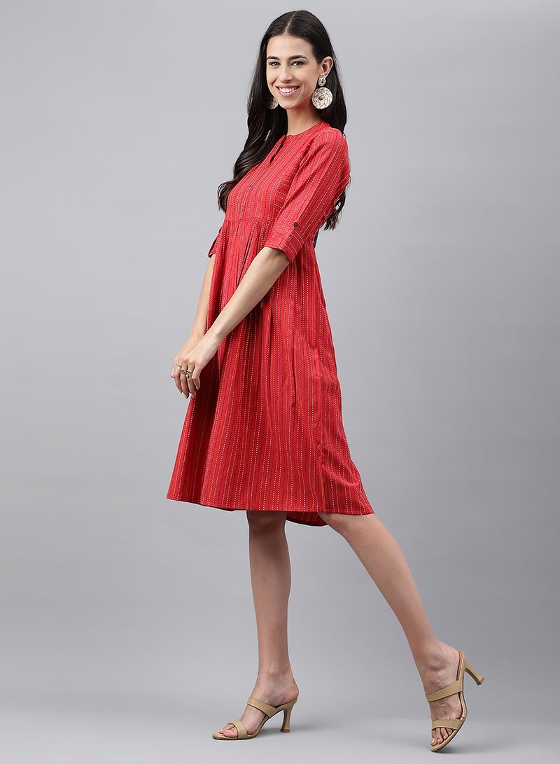 IndHeritage Premium Dress - Latest collection - Pure cotton Red colour knee length dress - Indo Western - Image 4