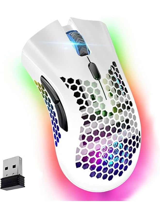 VEGCOO Gaming Mouse, Rechargeable Wireless Mouse with Honeycomb Wireless Gaming Mouse with RGB Light/Silent Click/Adjustable DPI, Optical Computer Mouse for Laptop, PC Computer (C23 White)