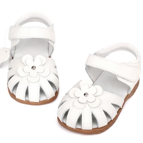 Femizee Girls Genuine Leather Soft Closed Toe Princess Flat Shoes Summer Sandals(Toddler/Little Kid) Size 9 Toddler,White,1504 CN28 - Image 5