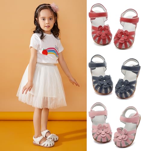 Femizee Girls Genuine Leather Soft Closed Toe Princess Flat Shoes Summer Sandals(Toddler/Little Kid) Size 9 Toddler,White,1504 CN28 - Image 2