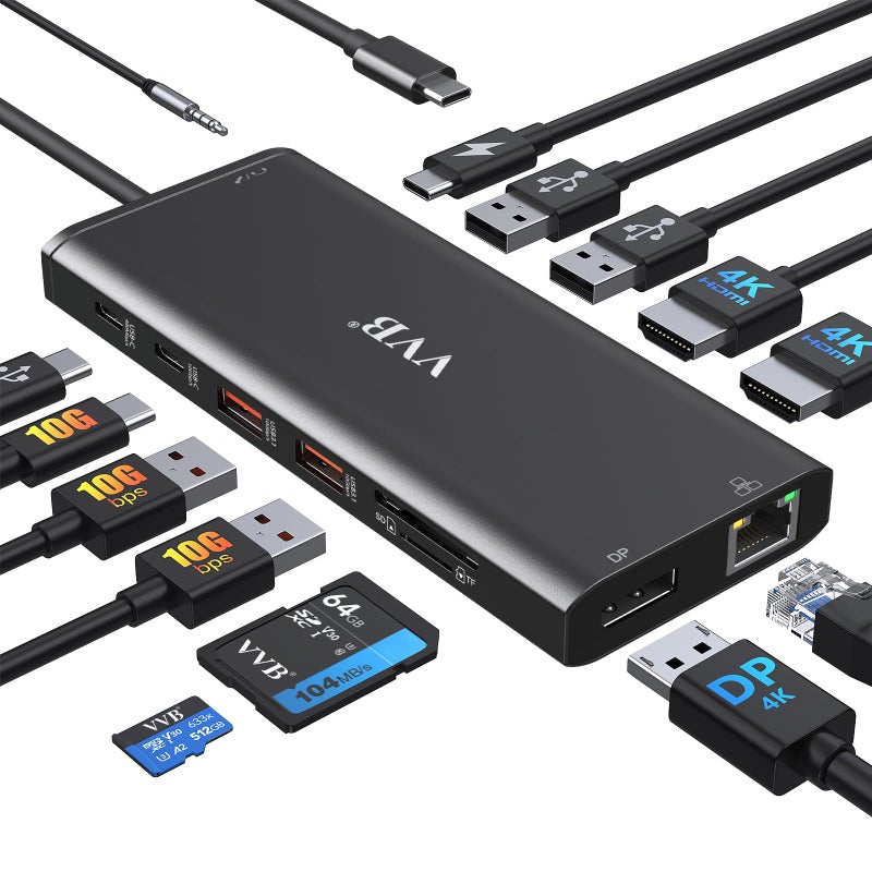 VVB USB C Docking Station Dual Monitor for Dell/Lenovo/HP Laptop Docking Station HDMI USB C Hub Multiport Adapter Dongle Dock USB C to 2 HDMI +DisplayPort+Ethernet+4USB+2USB C+100W PD Charger+SD/TF+Audio - Image 1
