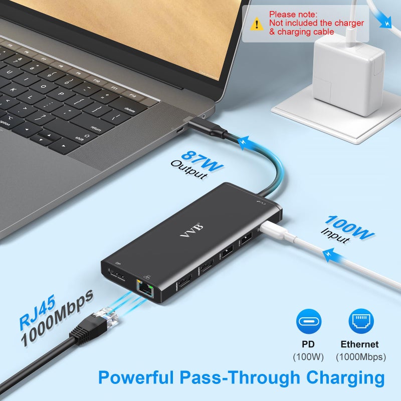 VVB USB C Docking Station Dual Monitor for Dell/Lenovo/HP Laptop Docking Station HDMI USB C Hub Multiport Adapter Dongle Dock USB C to 2 HDMI +DisplayPort+Ethernet+4USB+2USB C+100W PD Charger+SD/TF+Audio - Image 5