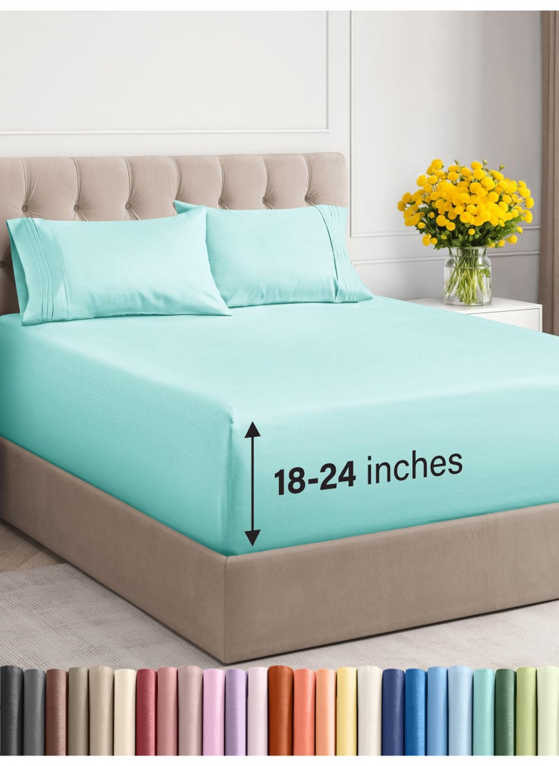 Extra Deep Twin Sheet Set - 4 Piece Breathable & Cooling Sheets - Hotel Luxury Bed Sheets Set - Easy & Secure Fit - Soft  Wrinkle Free & Comfy Sheets Set - Spa Blue Sheet Set with Extra Deep Pockets