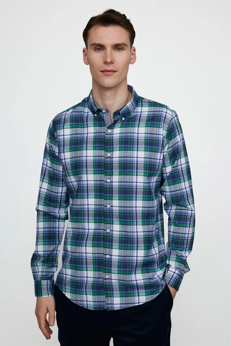 Tudors Slim Fit Long Sleeve Buttoned Collar Cotton Plaid Sports Men's Multicolored Shirt