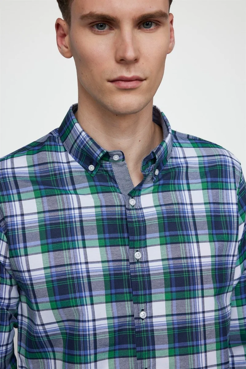 Tudors Slim Fit Long Sleeve Buttoned Collar Cotton Plaid Sports Men's Multicolored Shirt
