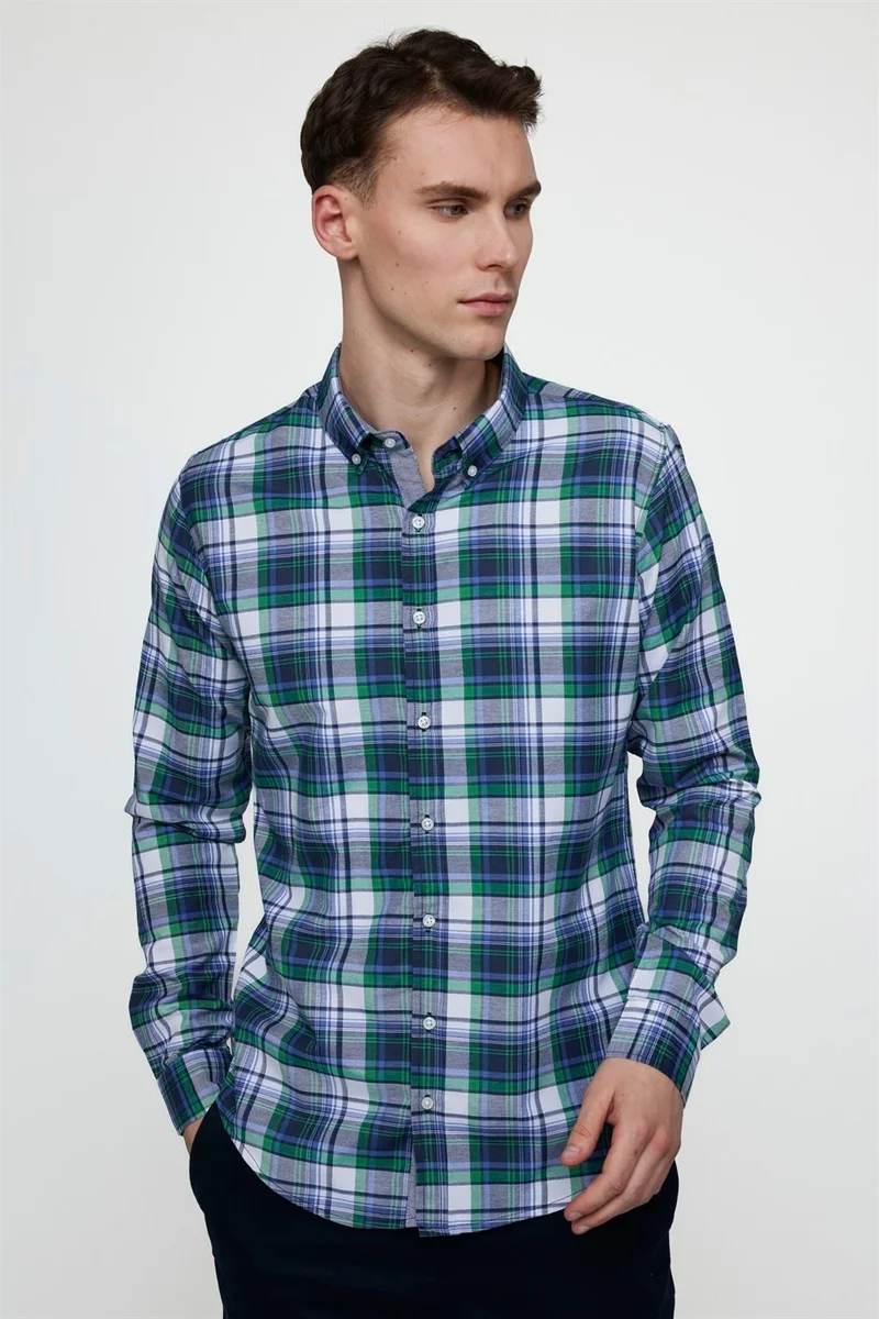 Tudors Slim Fit Long Sleeve Buttoned Collar Cotton Plaid Sports Men's Multicolored Shirt