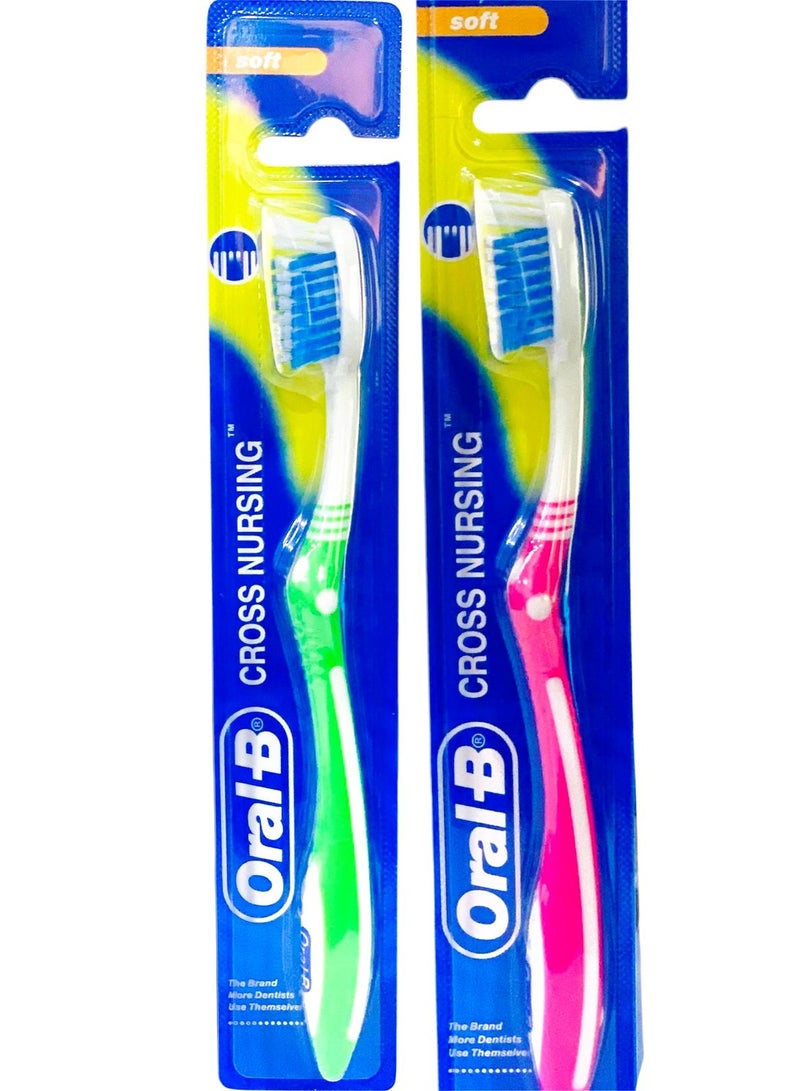 أورال بي فرشاة أسنان أورال بي كروس نيرسينج سوفت توث، قطعتان متعددة الالوان