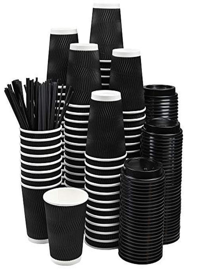 NYHI Pack of 100 10 oz Black Paper Cups with Black Lids Straws Coffee Cups Disposable BPA Free Insulated Ripple Kraft Paper Cups To go Cups for Hot or Cold Drinks Office Home Canteen Party Travel - Image 2