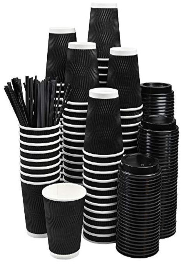 NYHI Pack of 100 10 oz Black Paper Cups with Black Lids Straws Coffee Cups Disposable BPA Free Insulated Ripple Kraft Paper Cups To go Cups for Hot or Cold Drinks Office Home Canteen Party Travel - Image 1