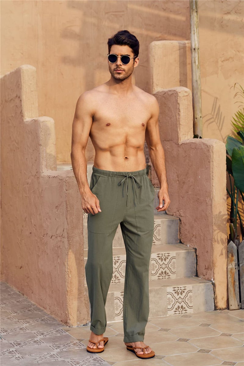 Gafeng Mens Linen Pants Yoga Beach Loose Fit Casual Elastic Waist Drawstring Summer Harem Baggy Trousers with Pockets Army Green - Image 2