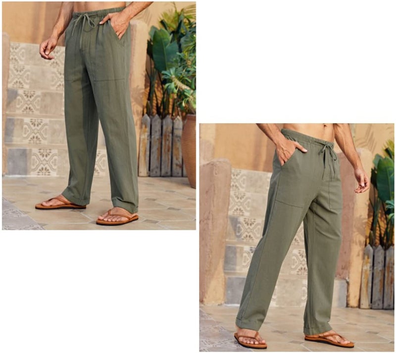 Gafeng Mens Linen Pants Yoga Beach Loose Fit Casual Elastic Waist Drawstring Summer Harem Baggy Trousers with Pockets Army Green - Image 3