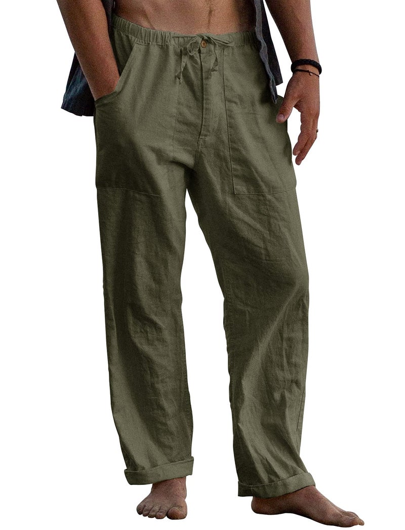 Gafeng Mens Linen Pants Yoga Beach Loose Fit Casual Elastic Waist Drawstring Summer Harem Baggy Trousers with Pockets Army Green - Image 1