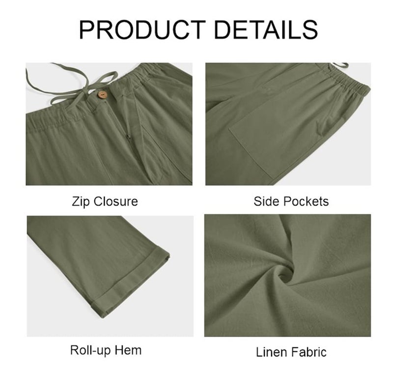 Gafeng Mens Linen Pants Yoga Beach Loose Fit Casual Elastic Waist Drawstring Summer Harem Baggy Trousers with Pockets Army Green - Image 4