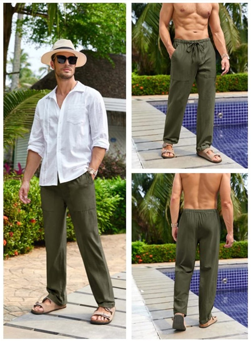 Gafeng Mens Linen Pants Yoga Beach Loose Fit Casual Elastic Waist Drawstring Summer Harem Baggy Trousers with Pockets Army Green - Image 5