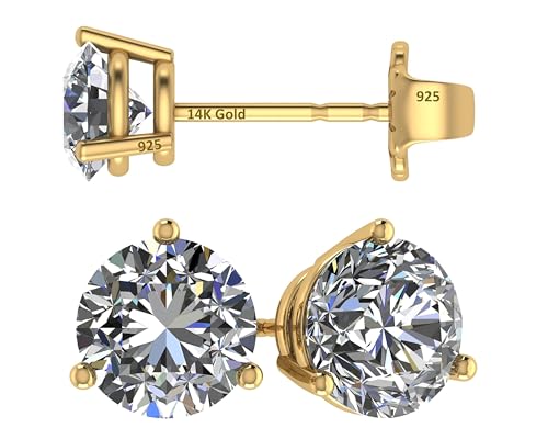 Central Diamond Center 14K Gold Post & Sterling Silver Made with Swarovski Zirconia 3 Prong Martini Stud Earrings- Yellow Gold Plated 8.00mm 4.00ctw - Image 1