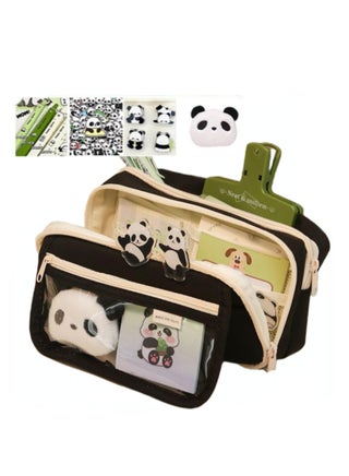 Cute Panda Pencil Case Set, 10Pcs Large Capacity Aesthetic Pencil Pouch for Adults, Kawaii Zipper Pen Bag with Gel Ink Pens, Clips, Stickers, and Pins (Black)