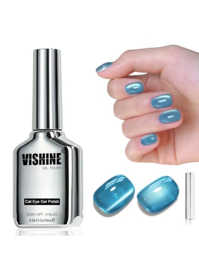 Vishine Glassy Cat Eye Gel Nail Polish 16ml Sheer Blue Glitter Holographic Gel Polish with Magnet Reflective Translucent Teal Blue 417 - Image 1