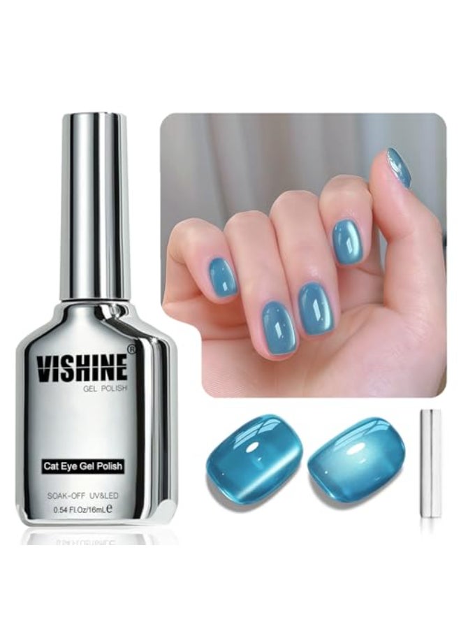Vishine Glassy Cat Eye Gel Nail Polish 16ml Sheer Blue Glitter Holographic Gel Polish with Magnet Reflective Translucent Teal Blue 417 - Image 3