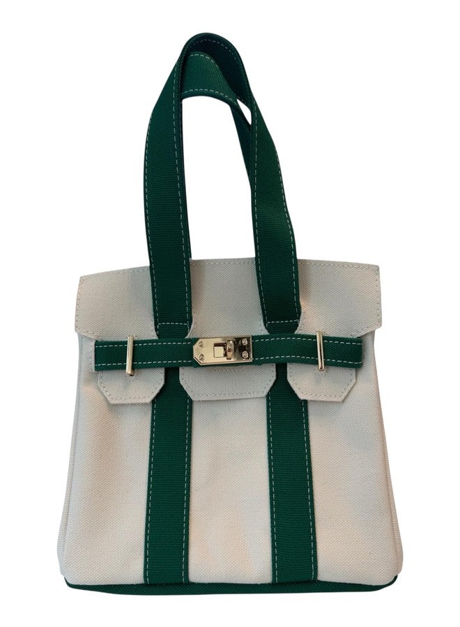 Canvas Mini Tote Bag, 8 Pockets, Distressed Finish, Durable, Gold Hardware (Green/Cream) - Image 4