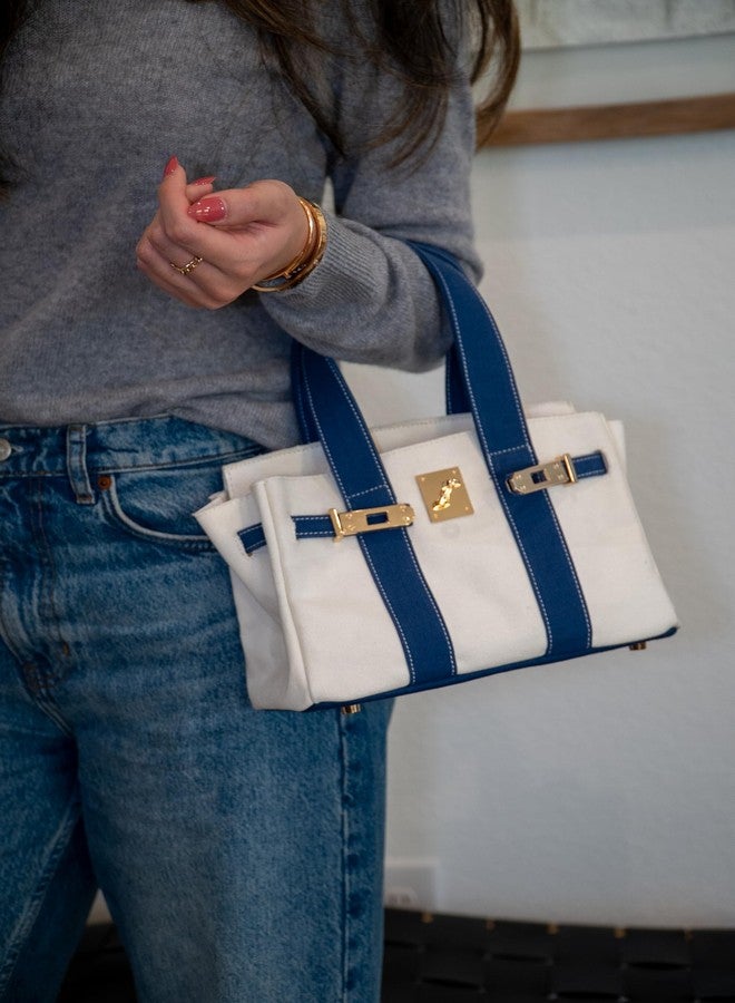 Canvas Mini Tote Bag, 8 Pockets, Distressed Finish, Durable, Gold Hardware (Green/Cream) - Image 3