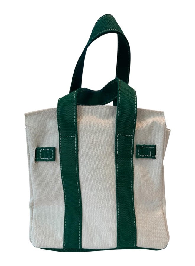 Canvas Mini Tote Bag, 8 Pockets, Distressed Finish, Durable, Gold Hardware (Green/Cream) - Image 5