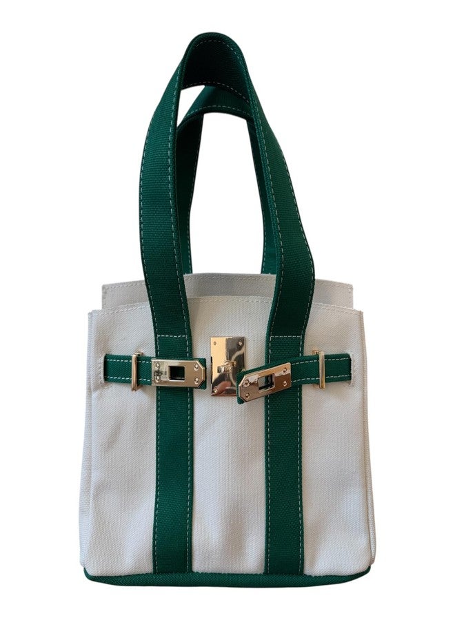 Canvas Mini Tote Bag, 8 Pockets, Distressed Finish, Durable, Gold Hardware (Green/Cream) - Image 1