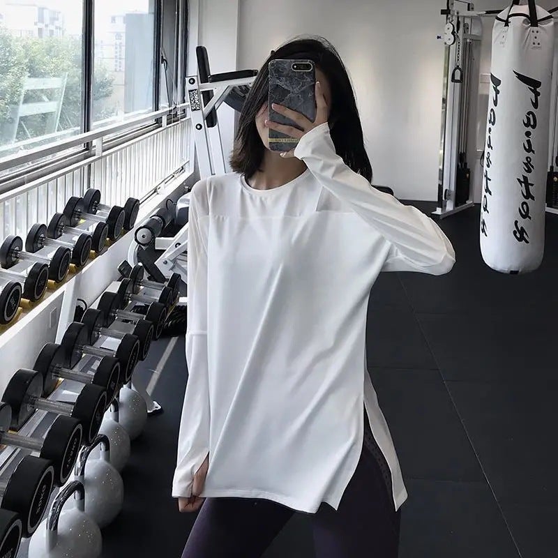 Generic Yoga short-sleeved quick-drying T-shirt spring and summer thin running workout clothes plus size sports top womens loose chubby girl blouse 881# white long-sleeved top 