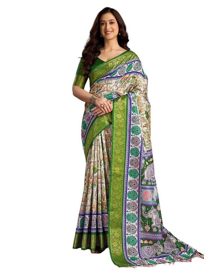 Satrani Women's Tussar Silk Weaving Border Kalamkari Printed Saree with Unstitched Blouse Piece (4312S359N_White & Green) - Image 1