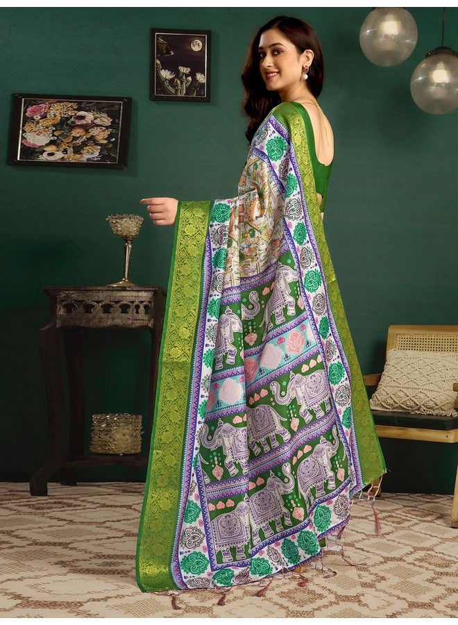 Satrani Women's Tussar Silk Weaving Border Kalamkari Printed Saree with Unstitched Blouse Piece (4312S359N_White & Green) - Image 3