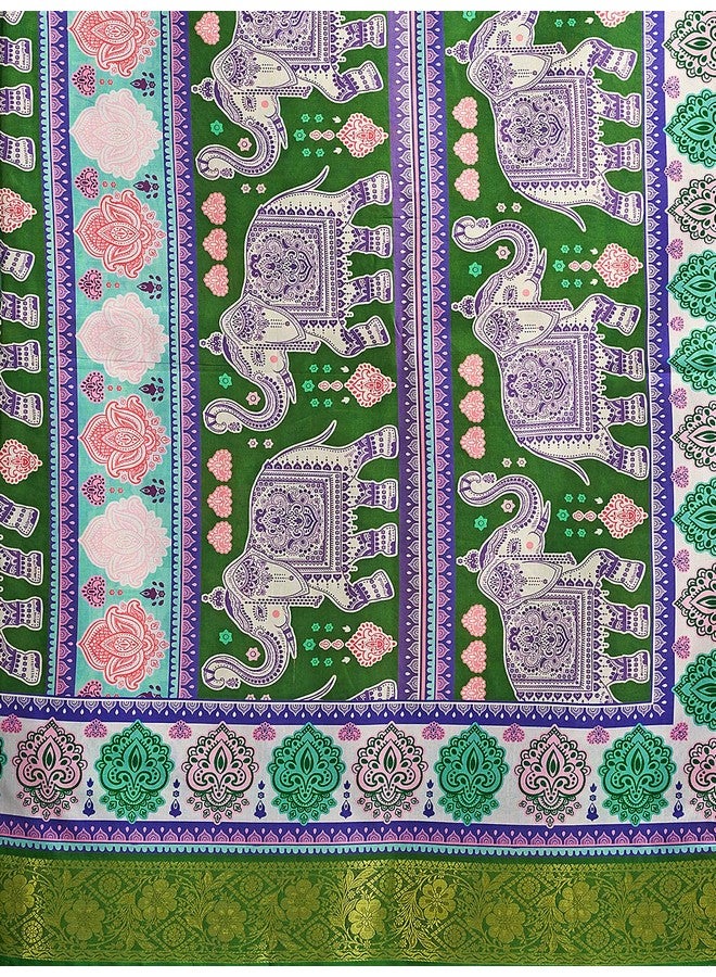 Satrani Women's Tussar Silk Weaving Border Kalamkari Printed Saree with Unstitched Blouse Piece (4312S359N_White & Green) - Image 5
