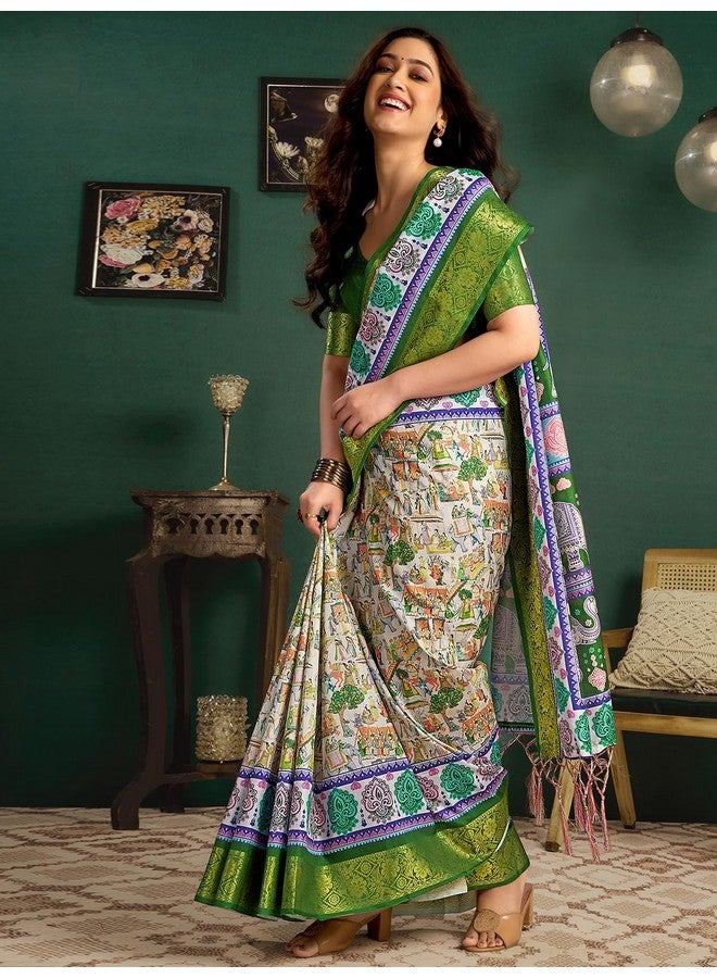 Satrani Women's Tussar Silk Weaving Border Kalamkari Printed Saree with Unstitched Blouse Piece (4312S359N_White & Green) - Image 2