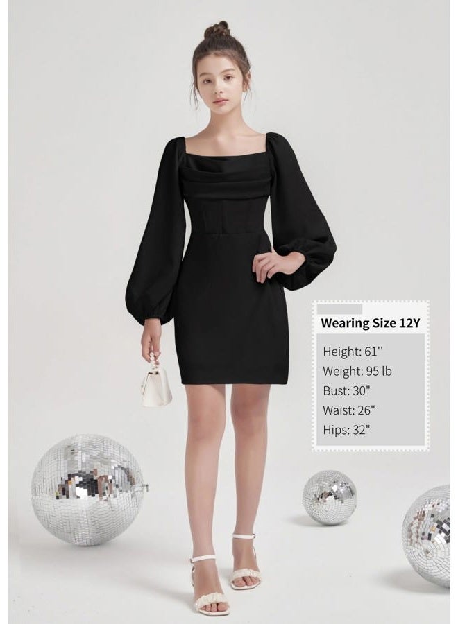 EXARUS Girls Formal Dress Tween Party Dance Birthday Cocktail Teen Junior HOCO Ruffle Mini Elegant Dresses 10-16Y, Long Sleeve Black, 14 Years - Image 5