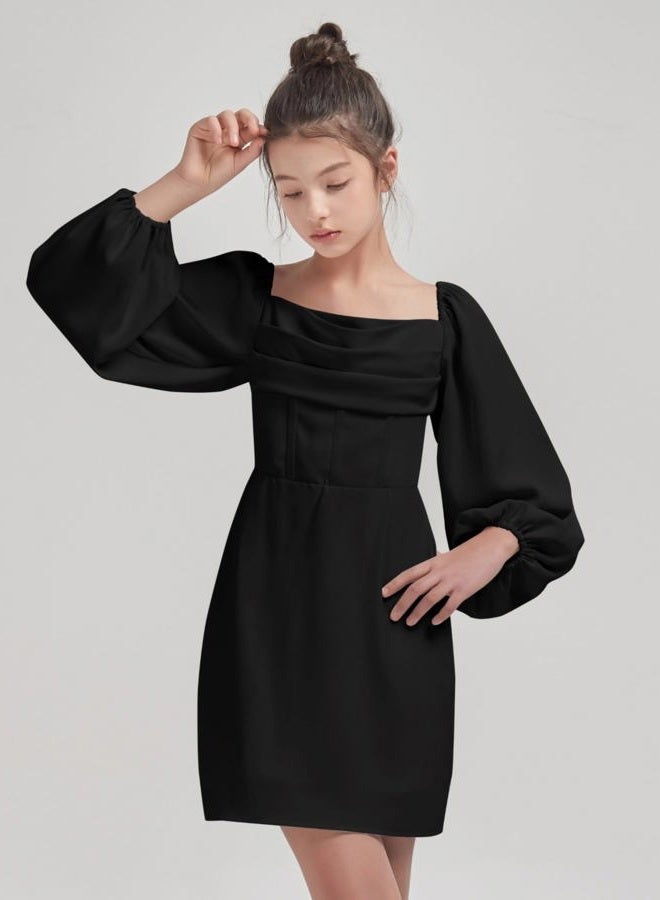 EXARUS Girls Formal Dress Tween Party Dance Birthday Cocktail Teen Junior HOCO Ruffle Mini Elegant Dresses 10-16Y, Long Sleeve Black, 14 Years - Image 4