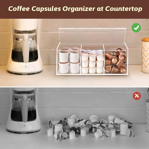 BEYGORM Acrylic Coffee Pod Holder with Lid for 24 Kcup Clear Coffee Capsule Storage Organizer3 Compartments Coffee Bar Station Organizer Compatible with Coffee Pod Coffee Creamer - Image 3