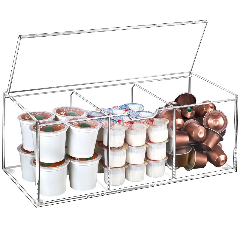 BEYGORM Acrylic Coffee Pod Holder with Lid for 24 Kcup Clear Coffee Capsule Storage Organizer3 Compartments Coffee Bar Station Organizer Compatible with Coffee Pod Coffee Creamer - Image 2