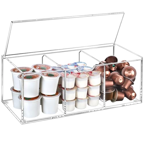 BEYGORM Acrylic Coffee Pod Holder with Lid for 24 Kcup Clear Coffee Capsule Storage Organizer3 Compartments Coffee Bar Station Organizer Compatible with Coffee Pod Coffee Creamer - Image 1