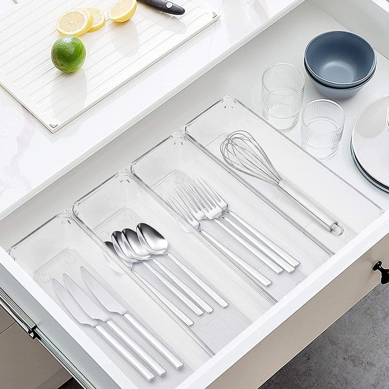 Zeinwap Desk Drawer Organizers Trays Set Clear Plastic Storage Bins Bathroom Drawer Tray Dividers Vanity Organizer For Bedroom Dresser Makeup Kitchen Utensil Office(4 Pc Long Large Tray),Transparent - Image 5