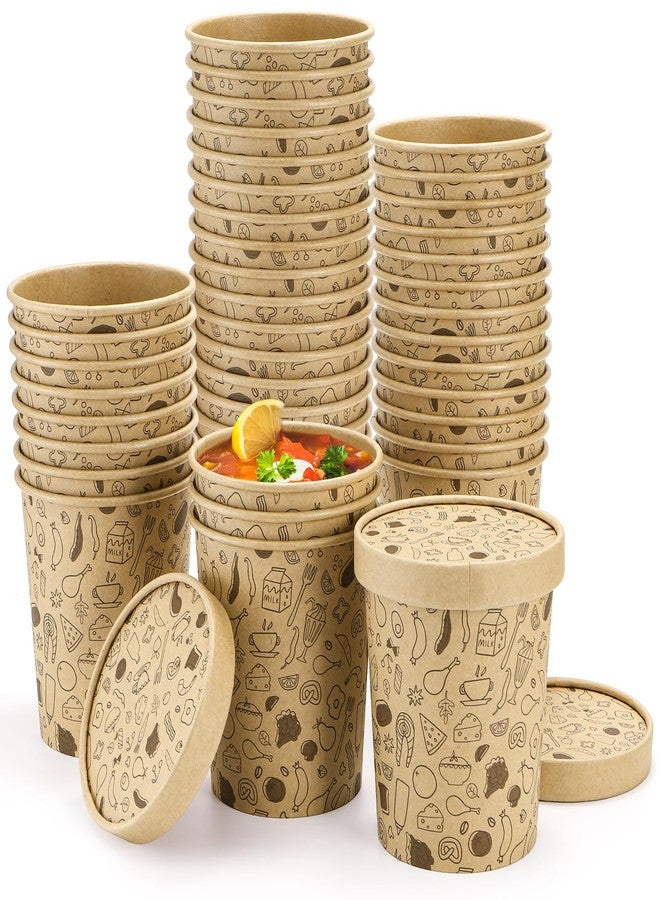 Cedilis 50 Pack Paper Soup Containers with Lids, 16 oz Disposable Kraft Food Containers for Ice Cream, Hot or Cold Soup, Yogurt - Image 1