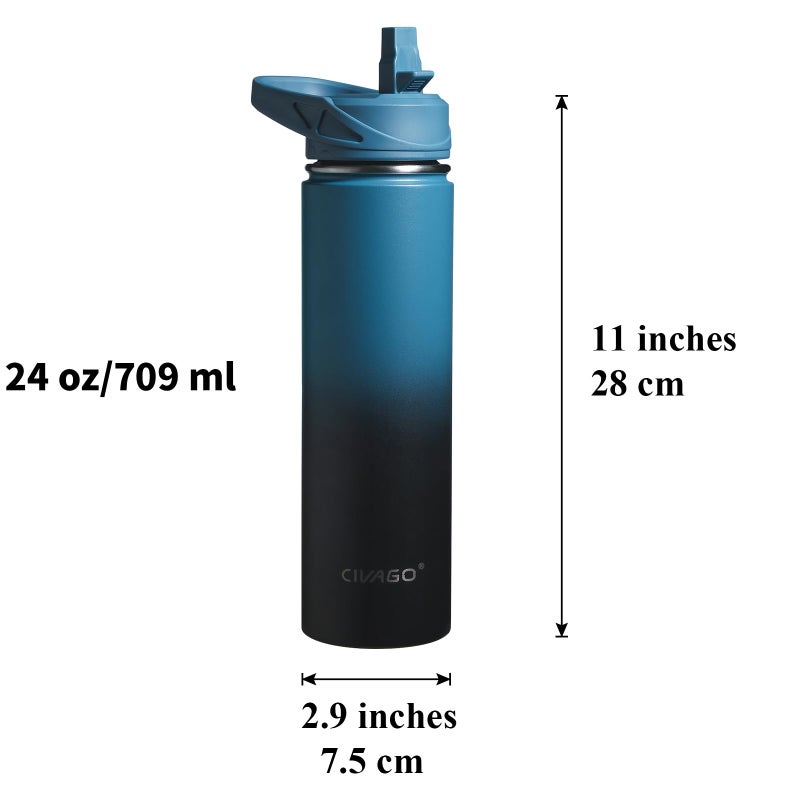 CIVAGO 24 oz Insulated Water Bottle With Straw, Stainless Steel Sports Water Flask Cup with 3 Lids (Straw, Spout and Handle Lid), Double Walled Travel Thermal Canteen Mug, Black - Image 4