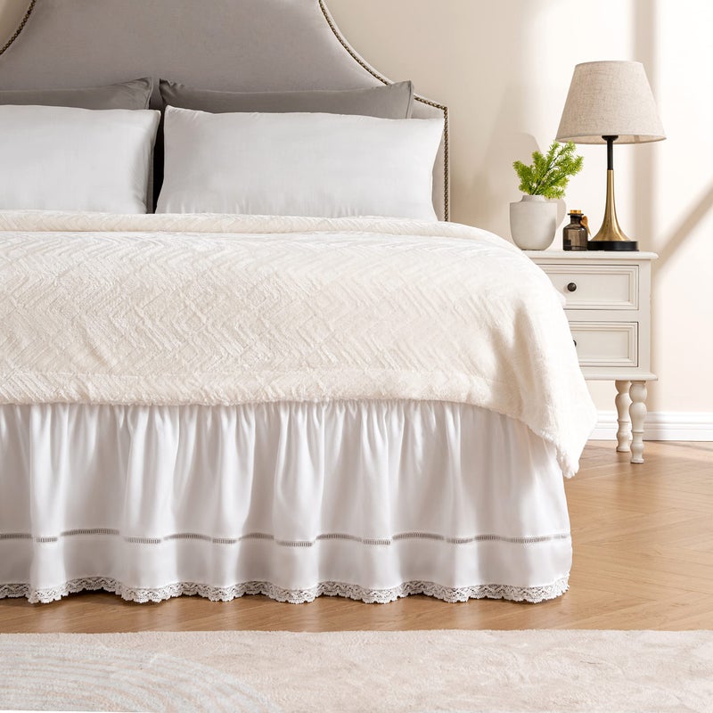MIYE Wrap Around Ruffled Lace Bed Skirt Elastic Dust Ruffle with Adjustable Belts Easy to Put On Bed Frame Cover Machine Washable Floral LaceWhite KingQueen18 Drop