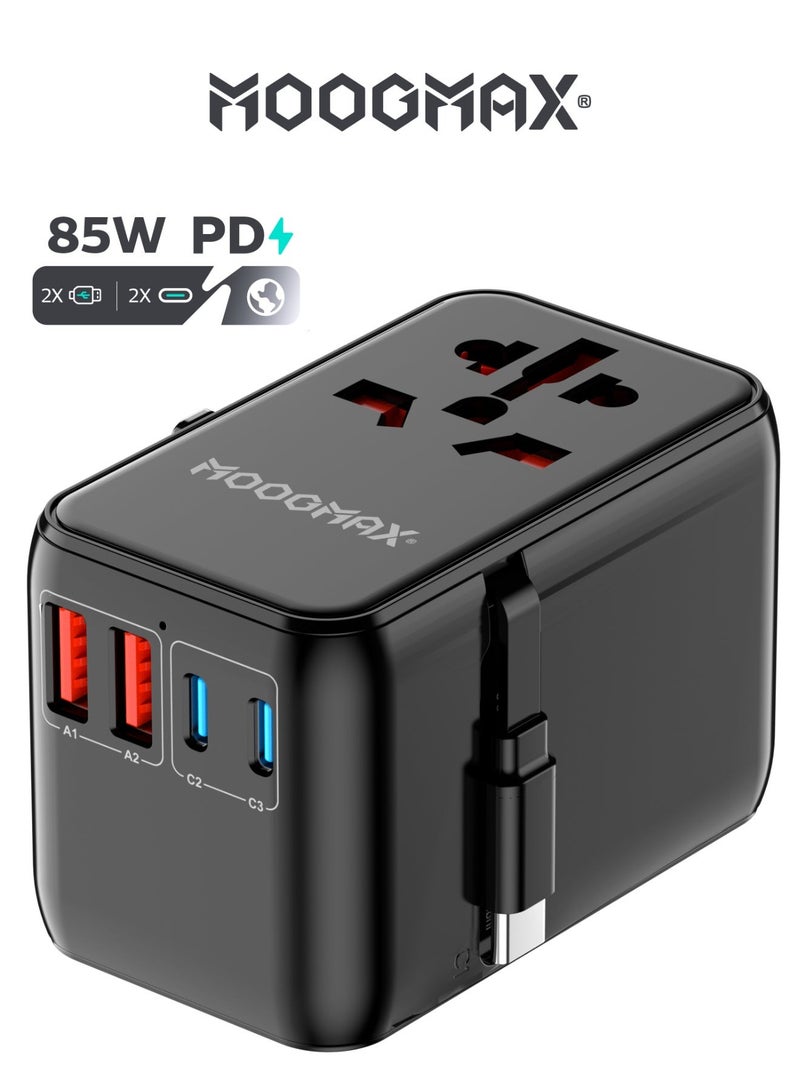 MOOGMAX Universal multi-purpose charger head, universal wall charger, 85W mobile charger, charger adapter with fast charging, travel plug with built-in extendable Type-C cable, 4-port type c adapter (2*charger type c) & (2*USB), type c charger supports iPhone, Samsung, Huawei and other devices. - Image 1