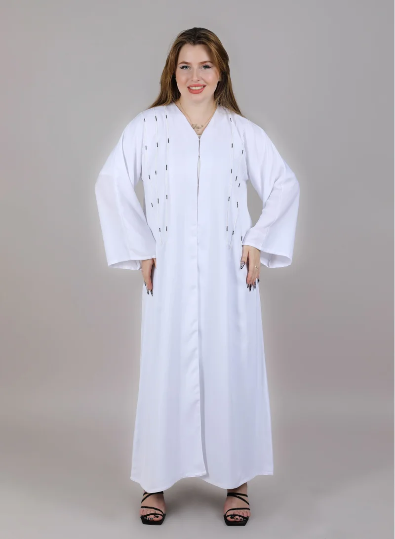 MSquare Fashion V Neck White Korean Nida Embroidered Open Abaya