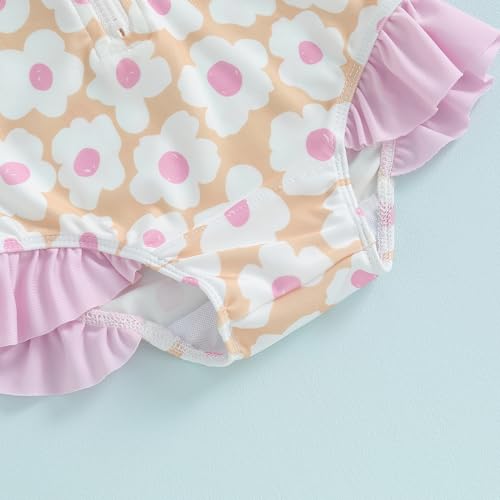 FOMOYUU Baby Girl Rash Guard Swimsuit Floral One Piece Bathing Suit Infant Zipper Swimwear + Hat Sun Protection Beach Wear (Pink4, 18-24 Months) - Image 5