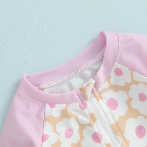FOMOYUU Baby Girl Rash Guard Swimsuit Floral One Piece Bathing Suit Infant Zipper Swimwear + Hat Sun Protection Beach Wear (Pink4, 18-24 Months) - Image 3