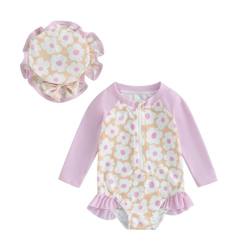 FOMOYUU Baby Girl Rash Guard Swimsuit Floral One Piece Bathing Suit Infant Zipper Swimwear + Hat Sun Protection Beach Wear (Pink4, 18-24 Months) - Image 1