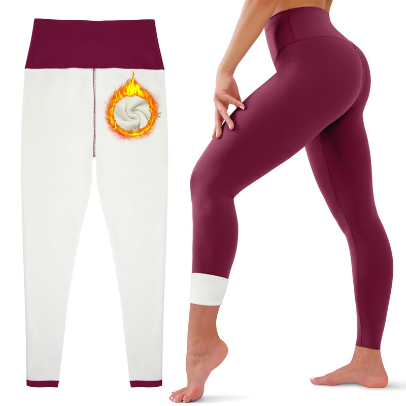 HEGALY Thick Fleece Lined Leggings for Women Tummy Control High Waisted Workout Thermal Warm Soft Yoga Pants for Cold Winter WineRed - Image 1