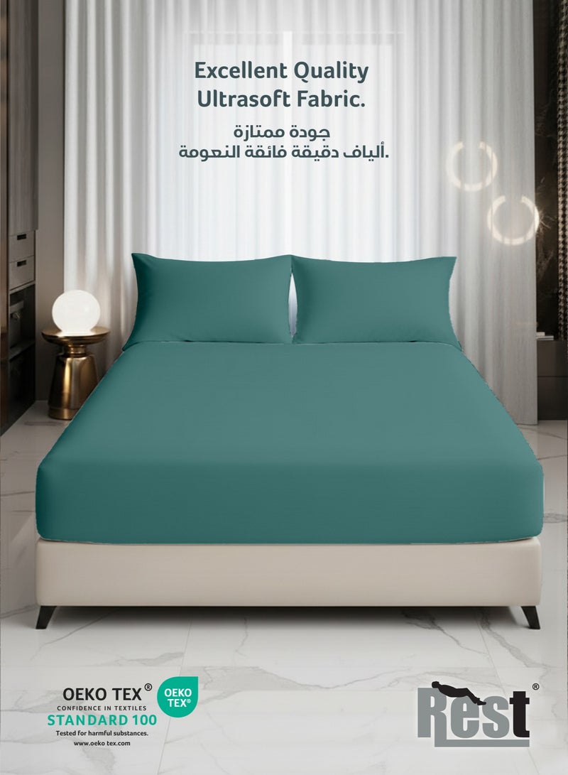 ريست REST 3-Piece Teal Plush 200x200+30cm Fitted Bedsheet Set Includes 1 Deep Pocket Fitted Bedsheet and 2 Pillow Covers, Breathable and Machine Washable - Image 2