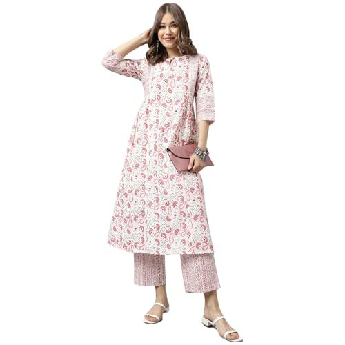 FIORRA Women's White Cotton A-line Kurta with Palazzo SET0095 - Image 1
