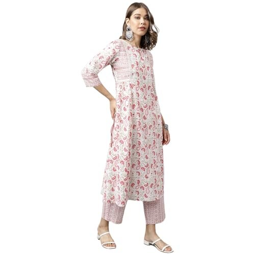 FIORRA Women's White Cotton A-line Kurta with Palazzo SET0095 - Image 3
